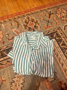 aerie Teal and White Striped Button-Down Shirt